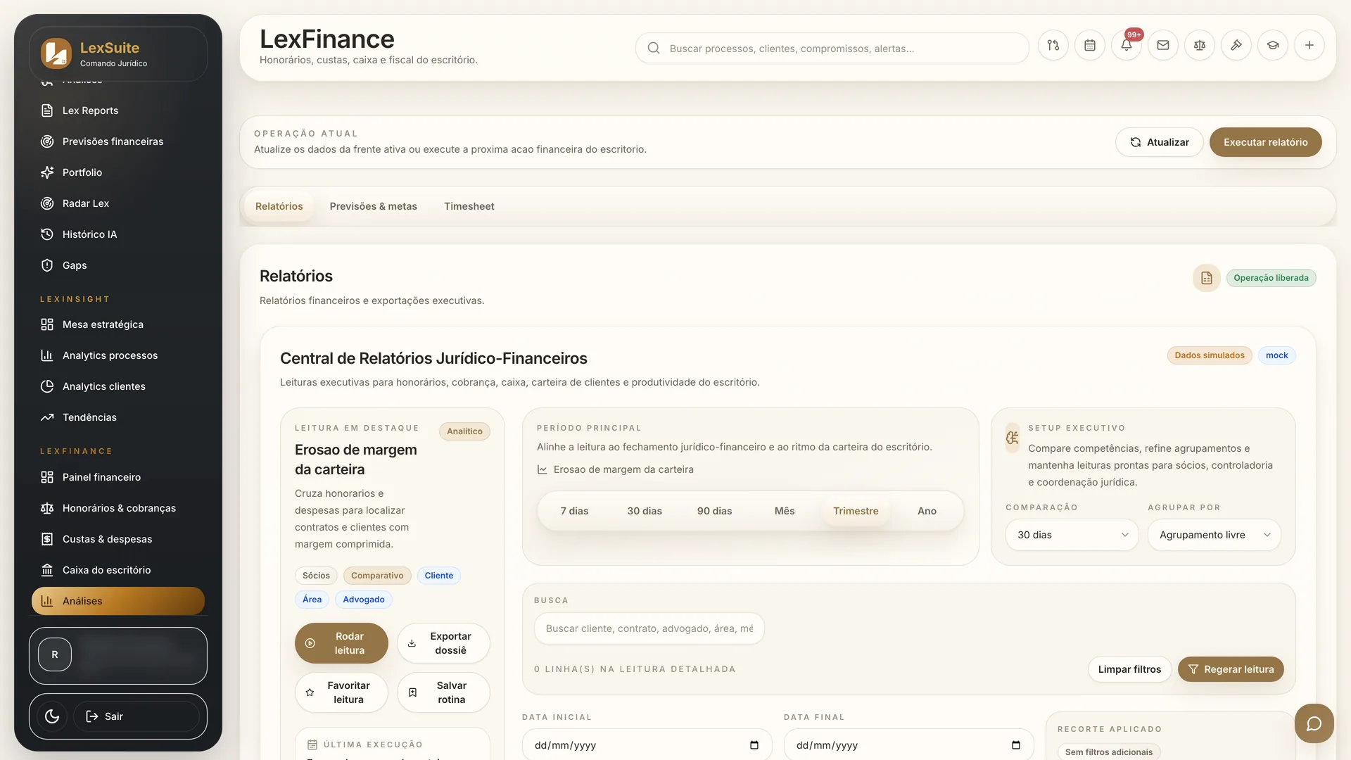 Leitura jurídica e financeira com relatórios executivos no LexFinance