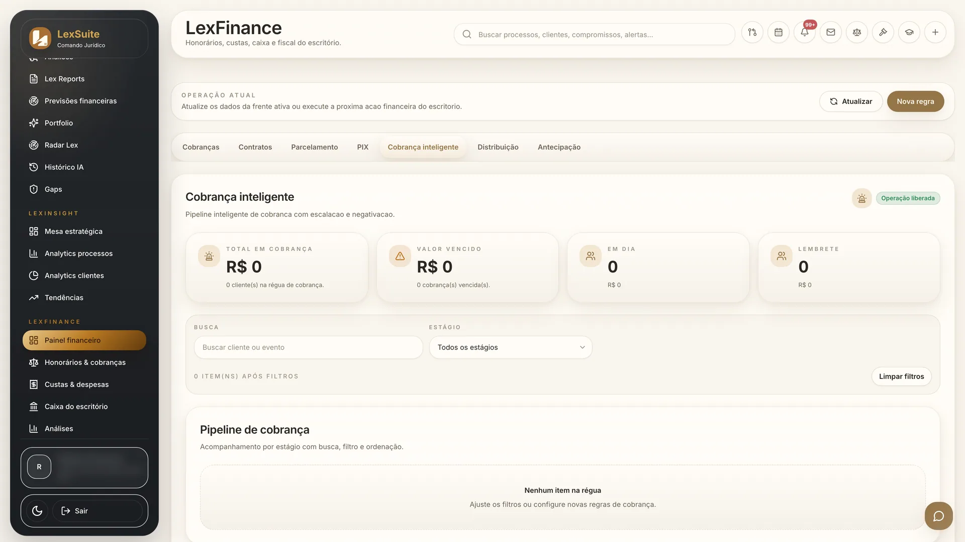 Pipeline de cobrança e régua de inadimplência no LexFinance