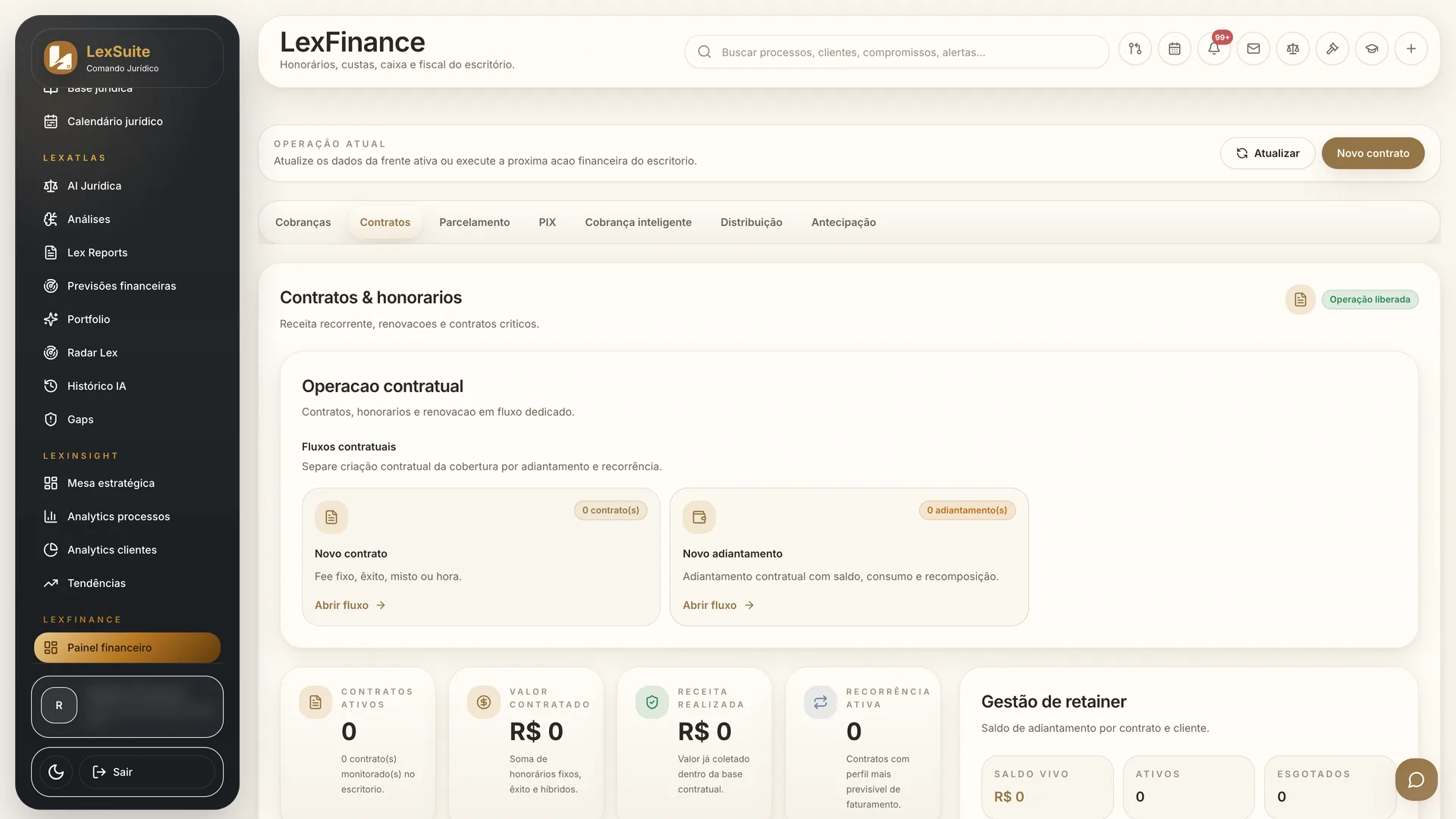 Contratos, honorários e adiantamentos do escritório no LexFinance