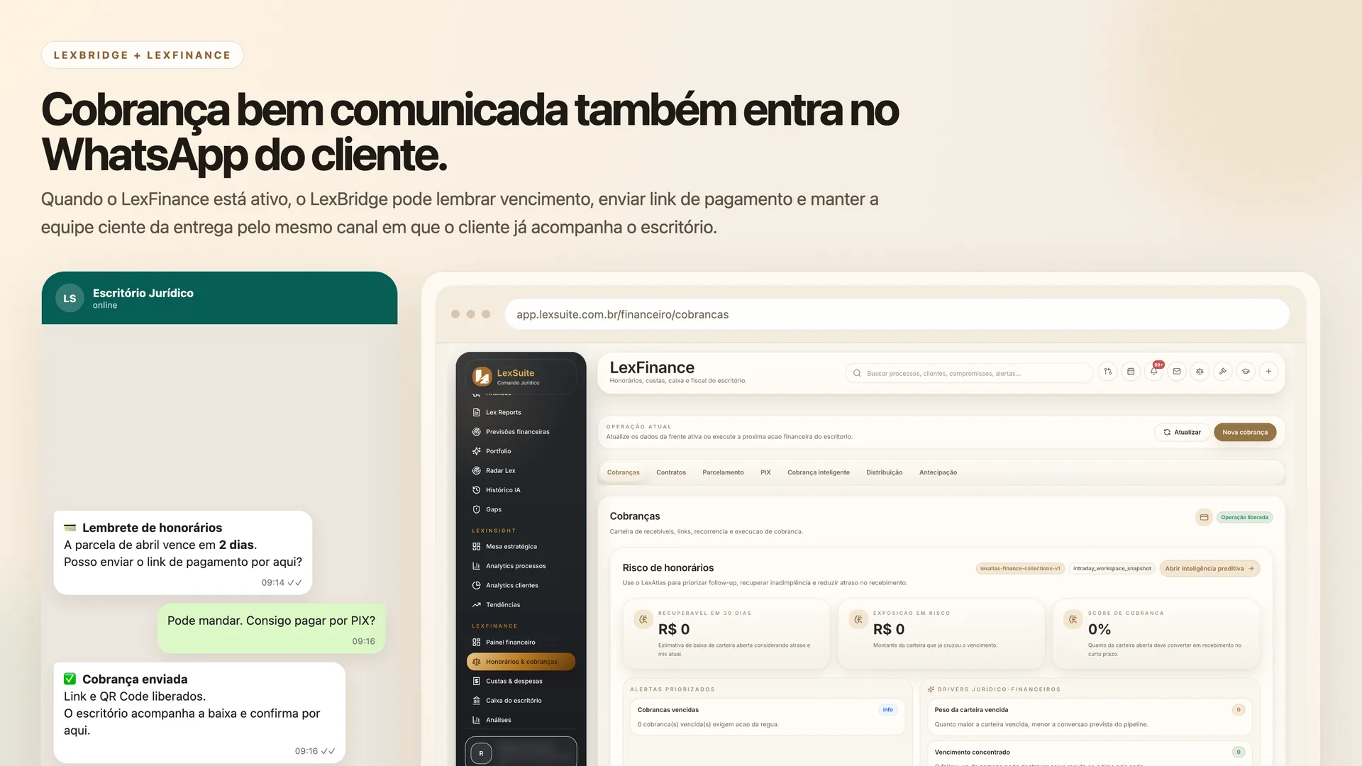 Notificação de cobrança do LexFinance entregue pelo LexBridge no WhatsApp