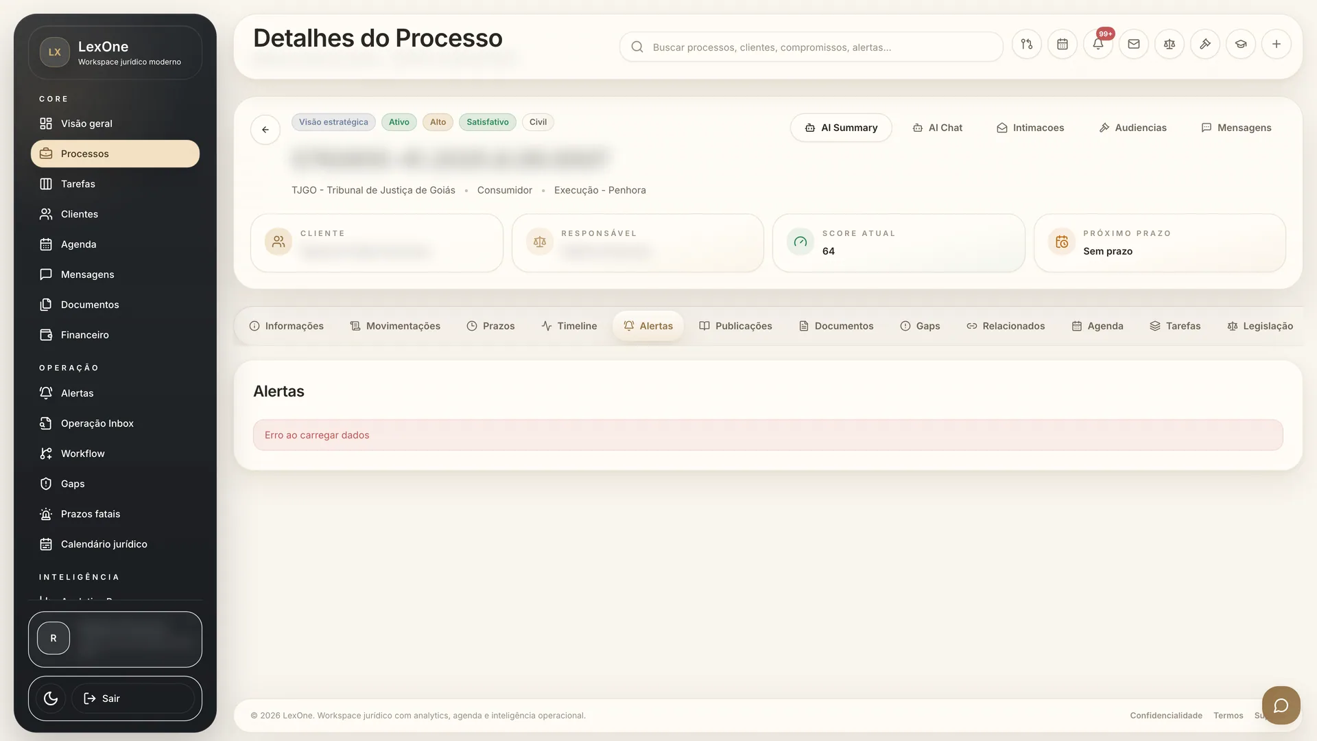 Alertas jurídicos vinculados ao processo