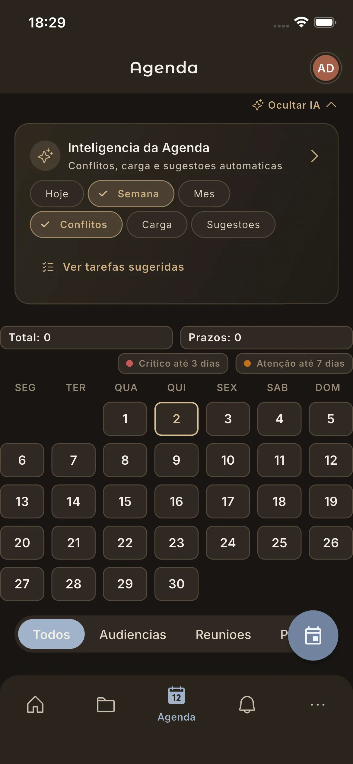 Tela do app exibindo a agenda jurídica com audiências e prazos.