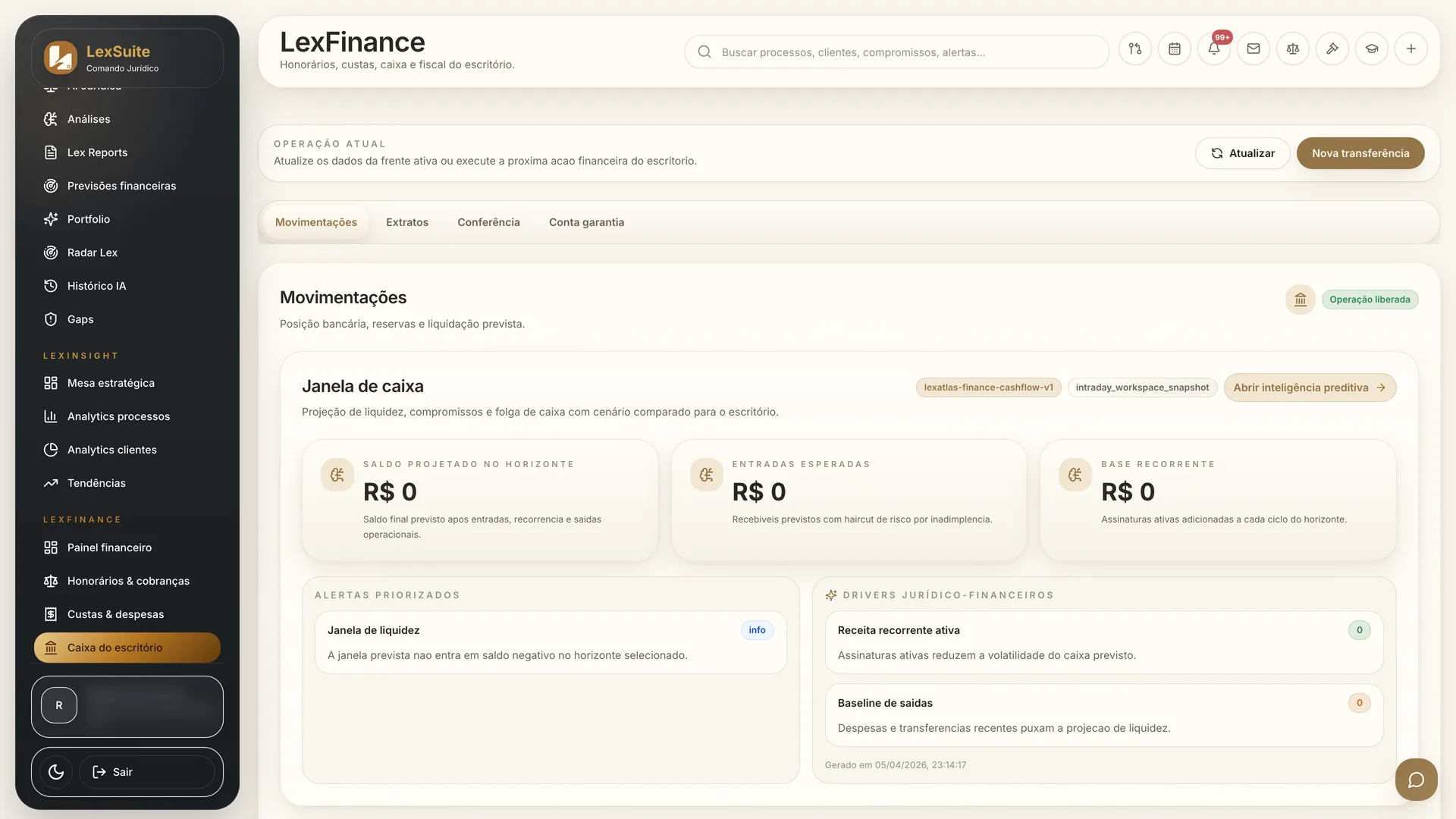 Caixa, tesouraria e projeção de liquidez do escritório no LexFinance