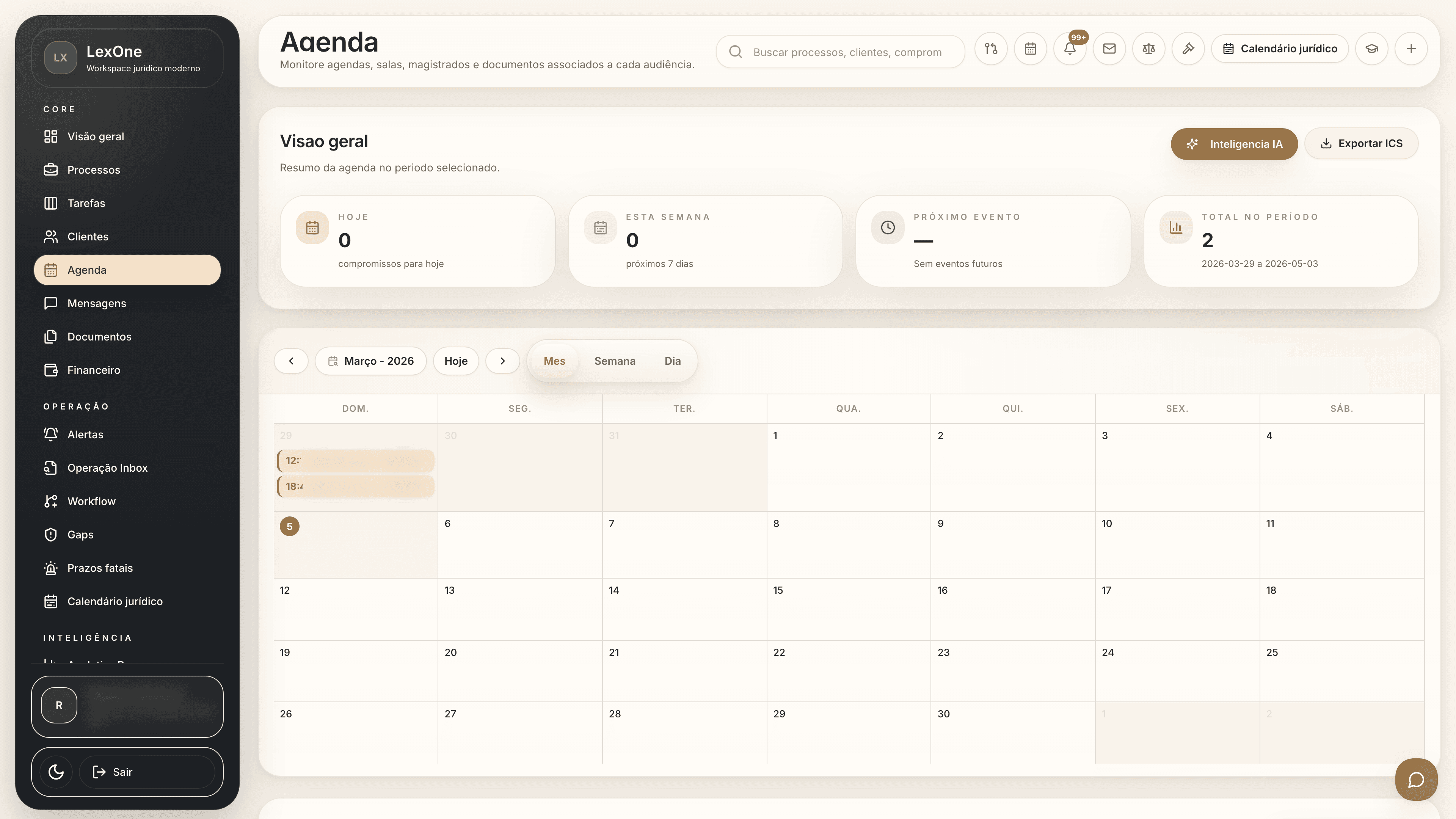Agenda jurídica com compromissos e vencimentos