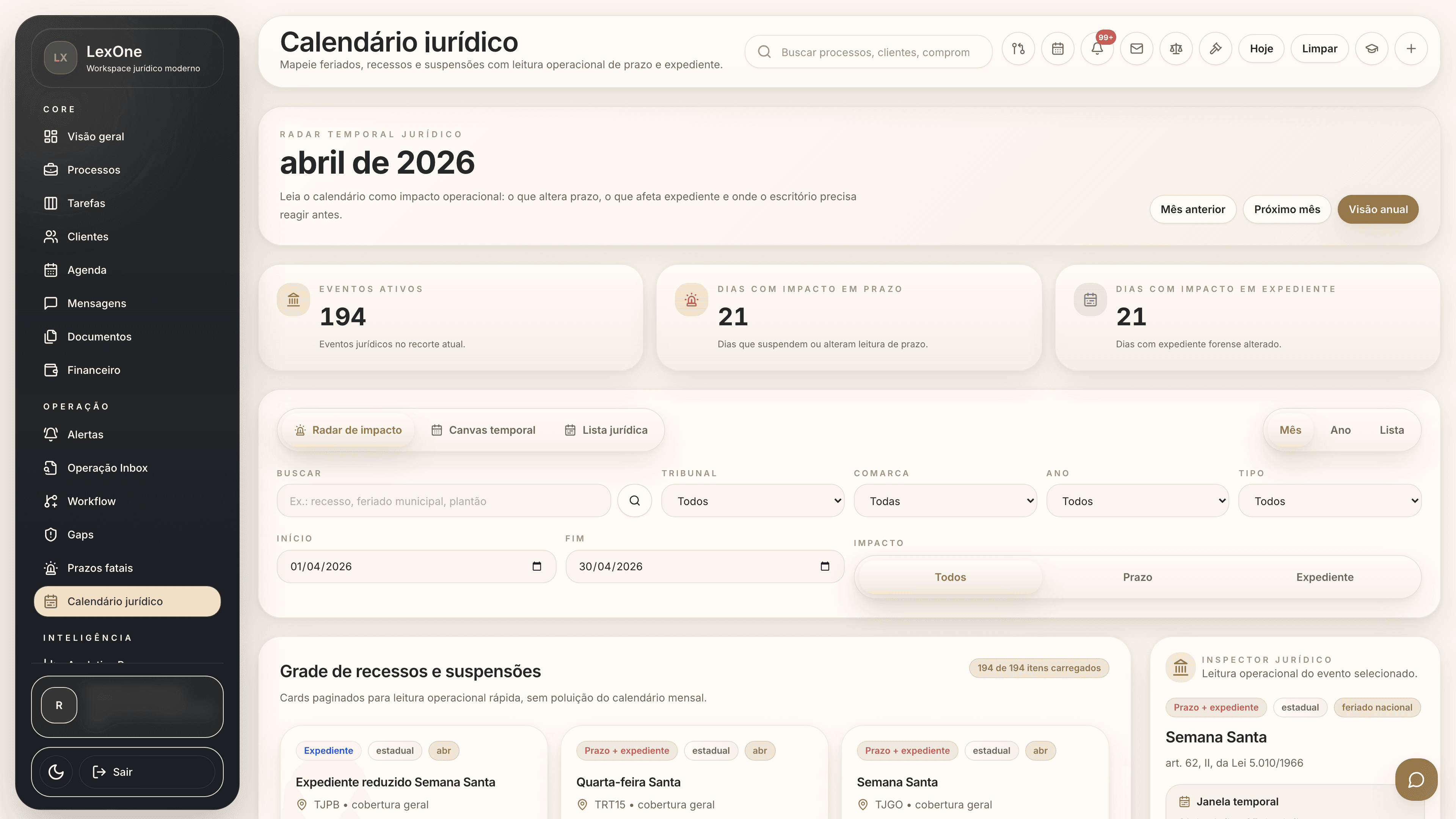 Calendário jurídico com impacto em prazo e expediente
