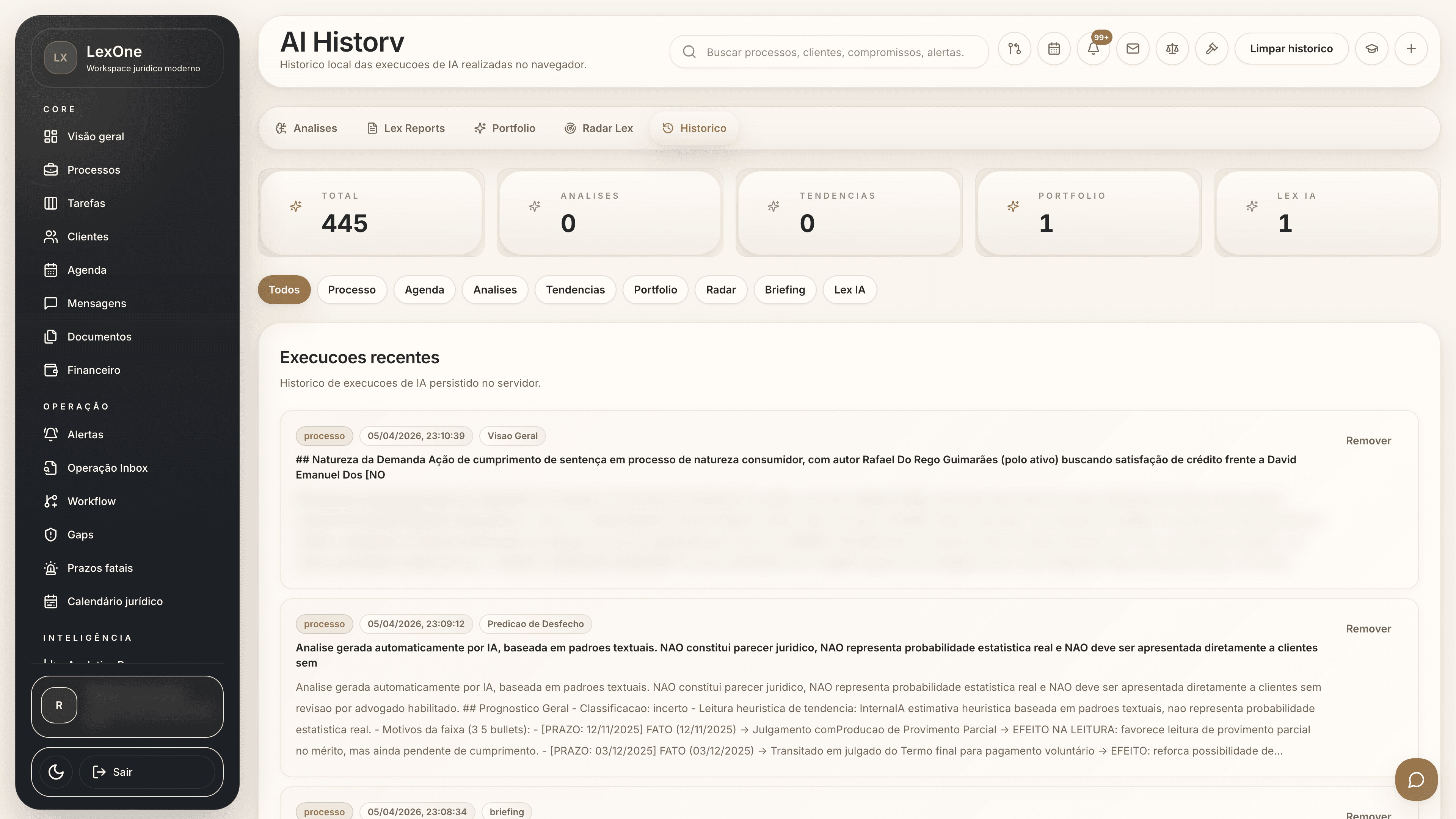 Histórico das leituras e análises assistidas