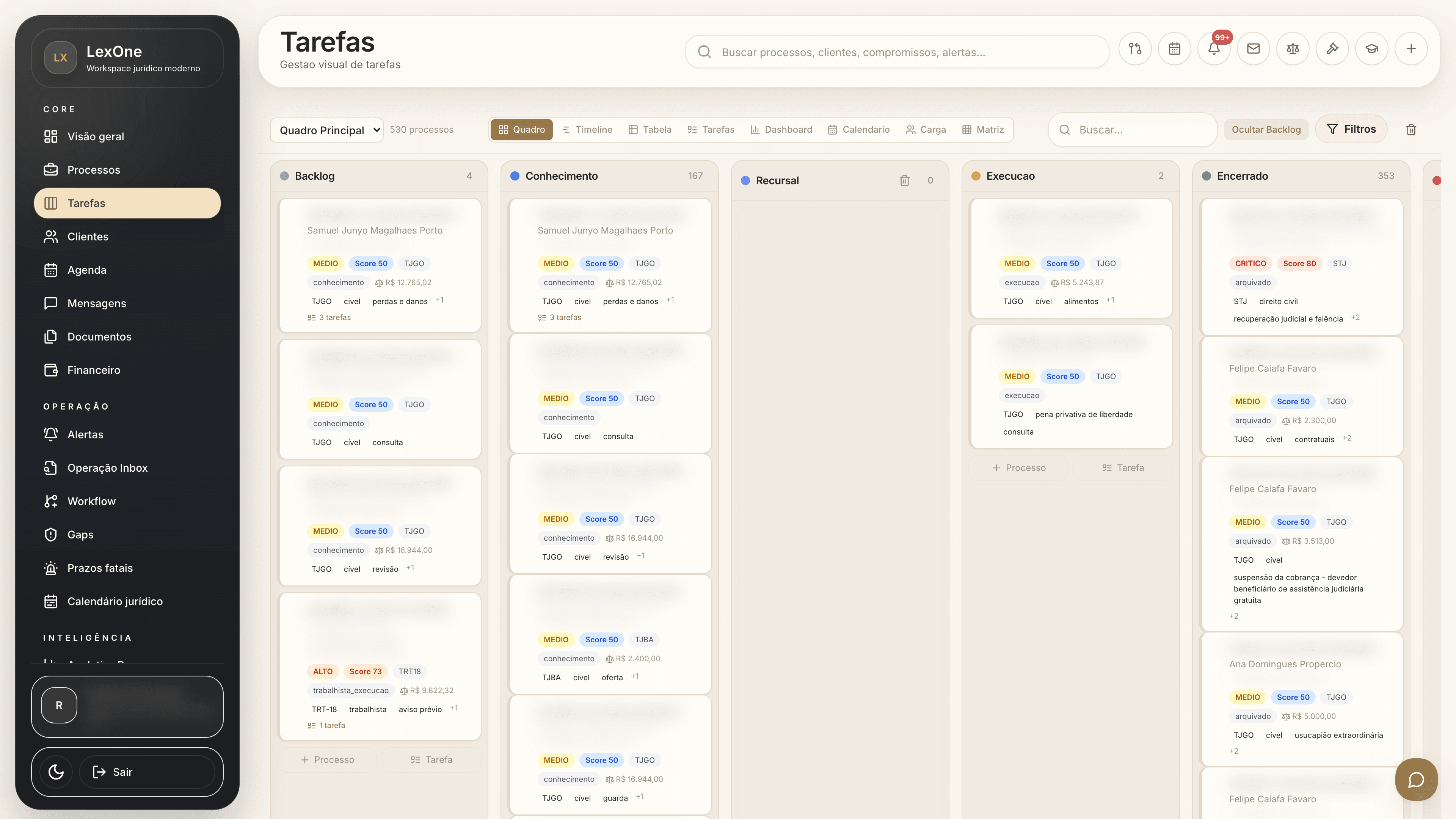 Kanban jurídico com etapas, prioridade e responsáveis