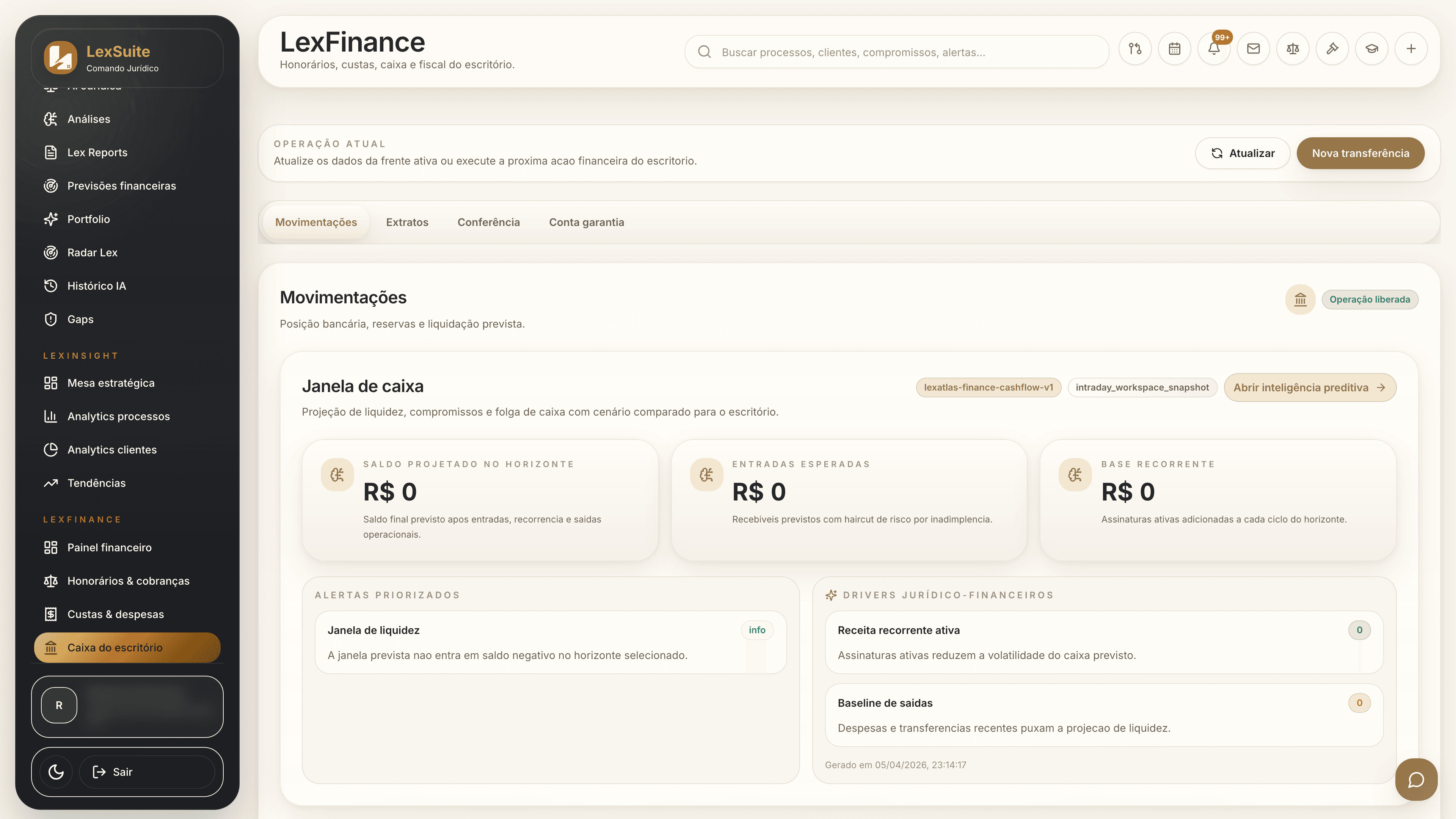 Caixa, tesouraria e projeção de liquidez do escritório no LexFinance