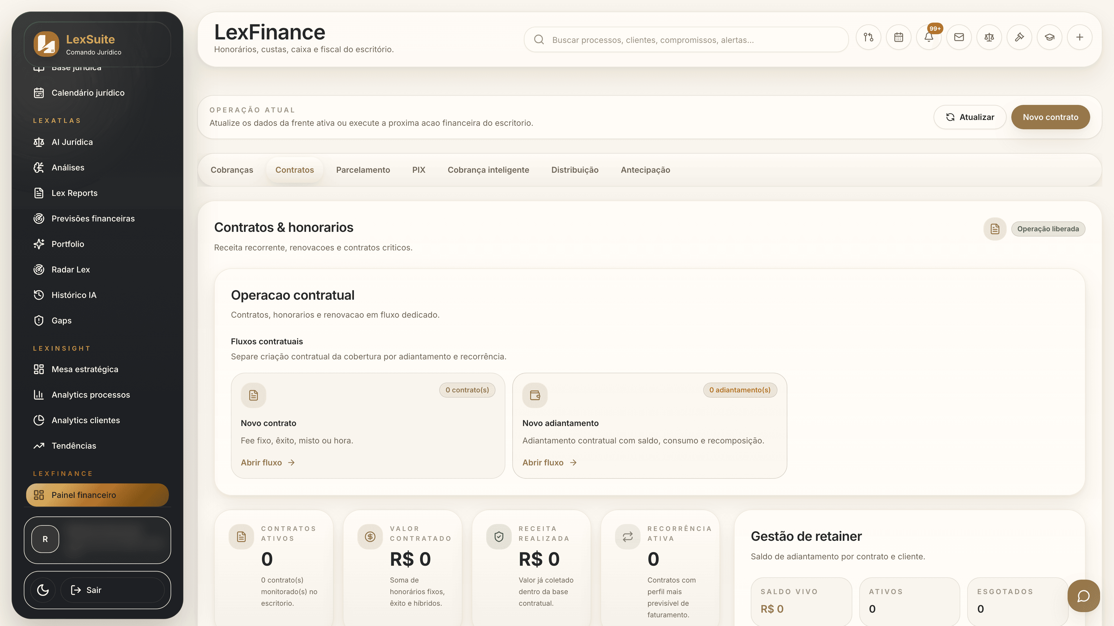 Contratos, honorários e adiantamentos do escritório no LexFinance