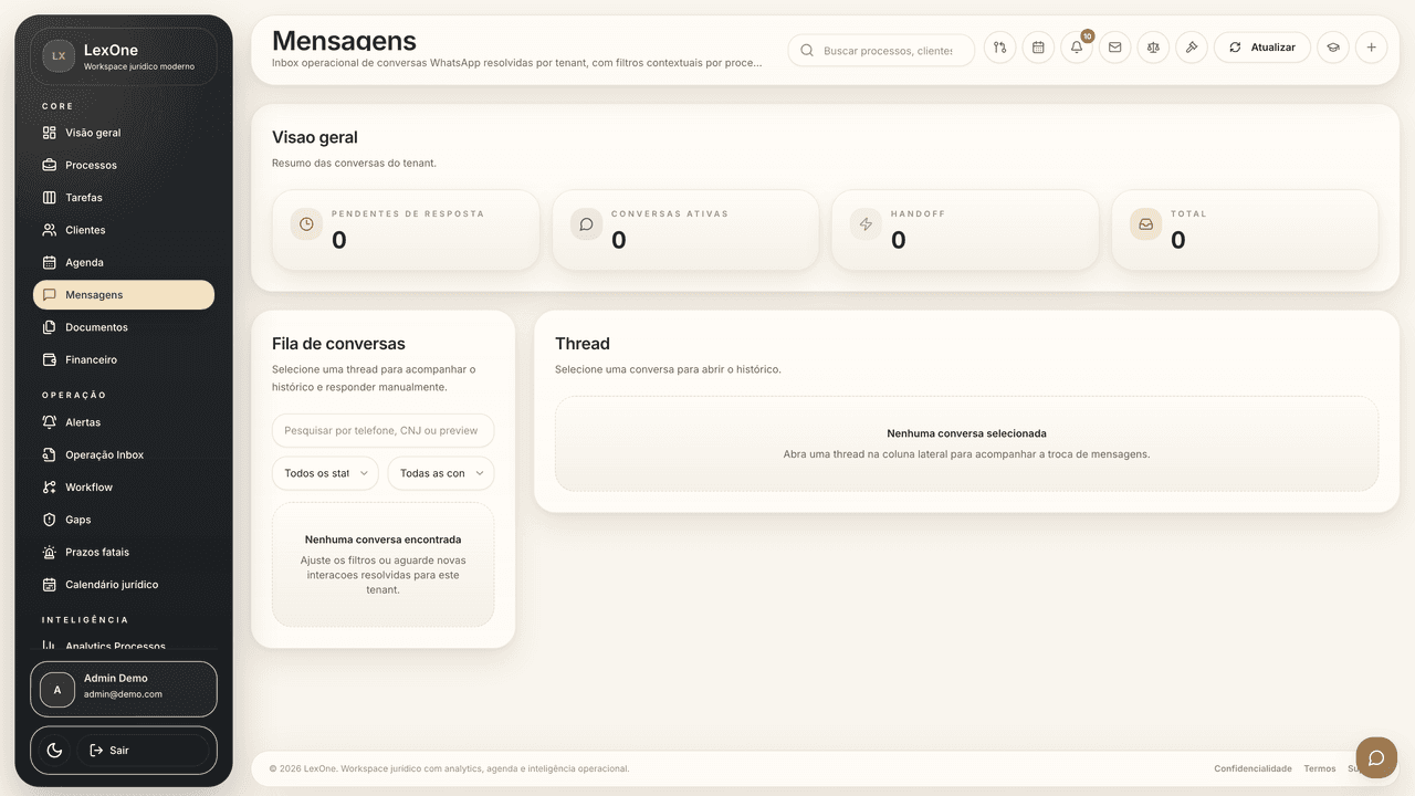 Thread de atendimento com handoff e contexto processual