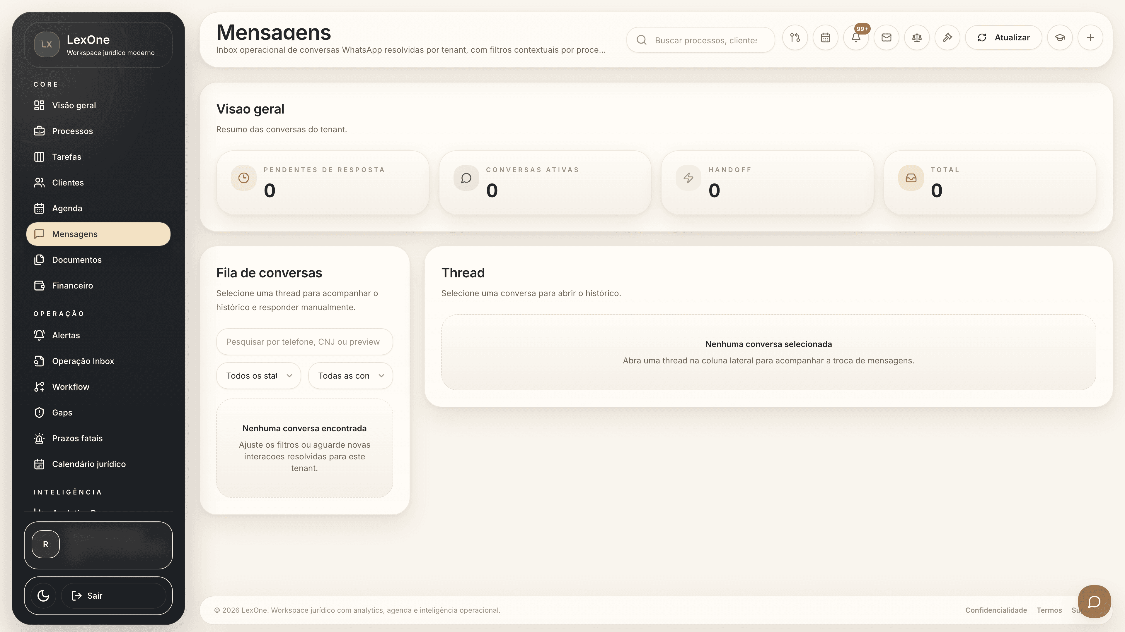 Inbox jurídico com atendimentos e casos