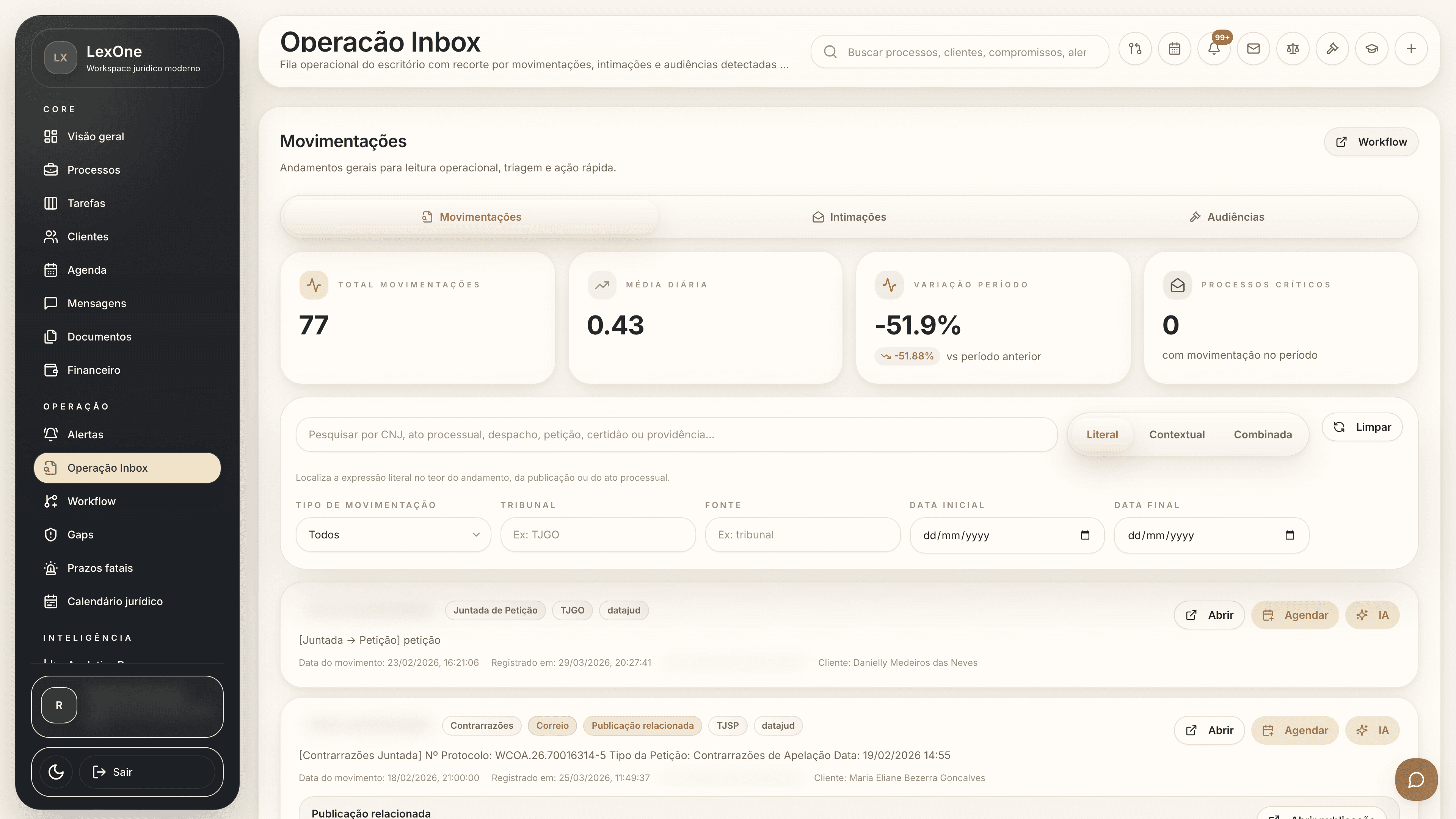 Movimentações, intimações e leitura operacional dos tribunais