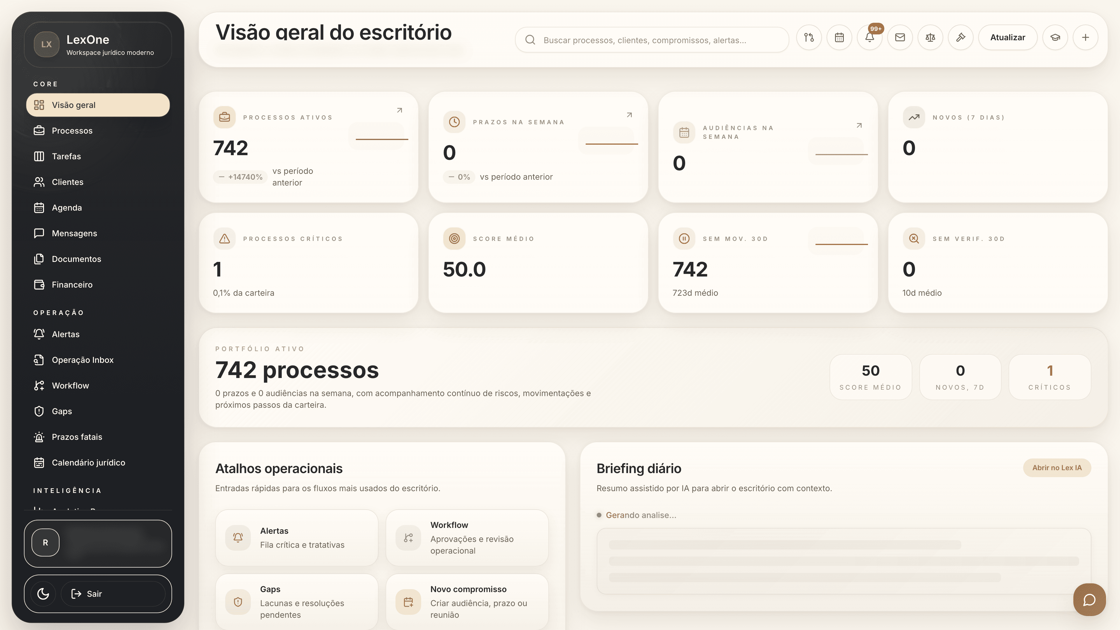 Painel principal da carteira jurídica