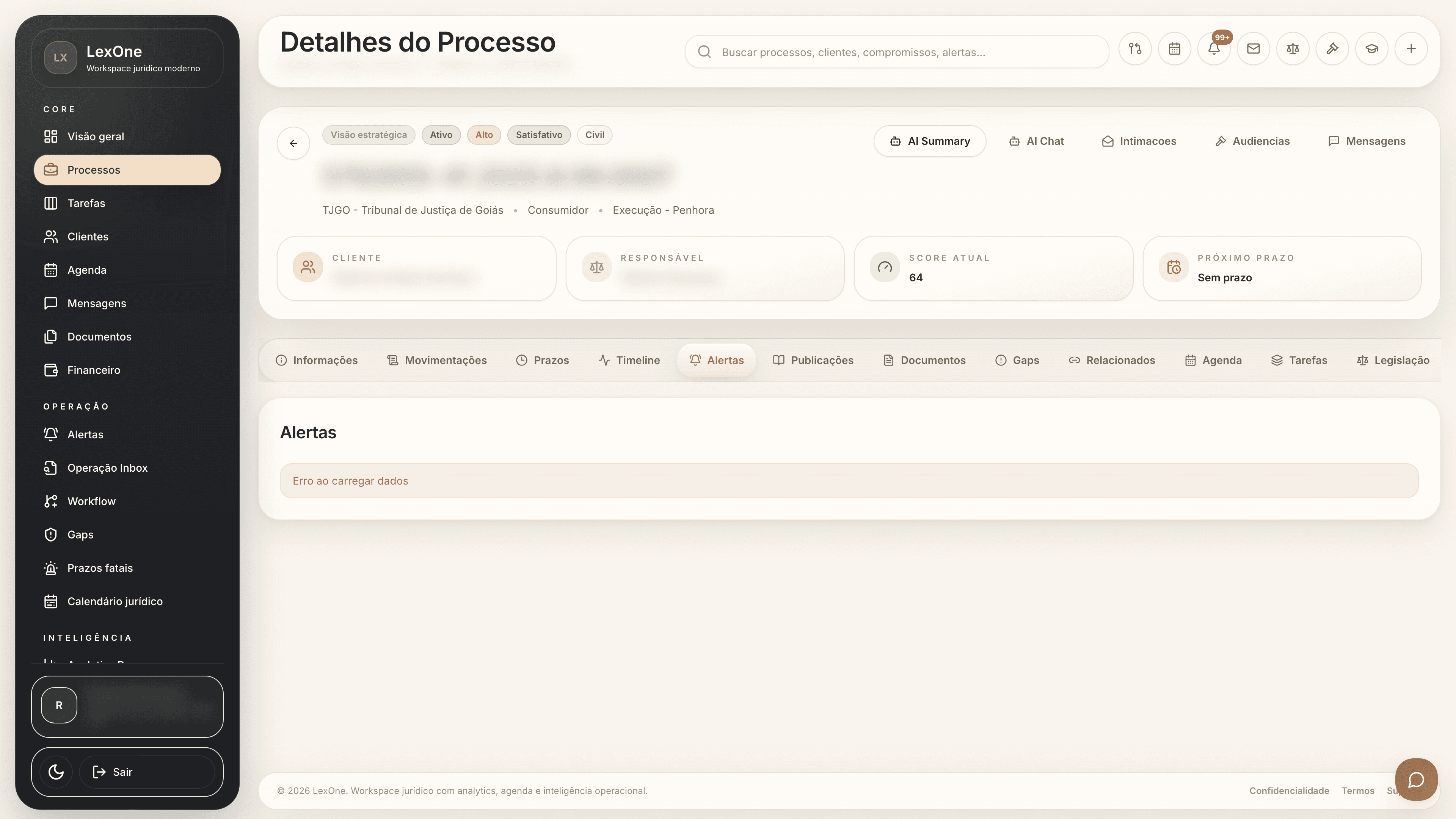 Alertas jurídicos vinculados ao processo