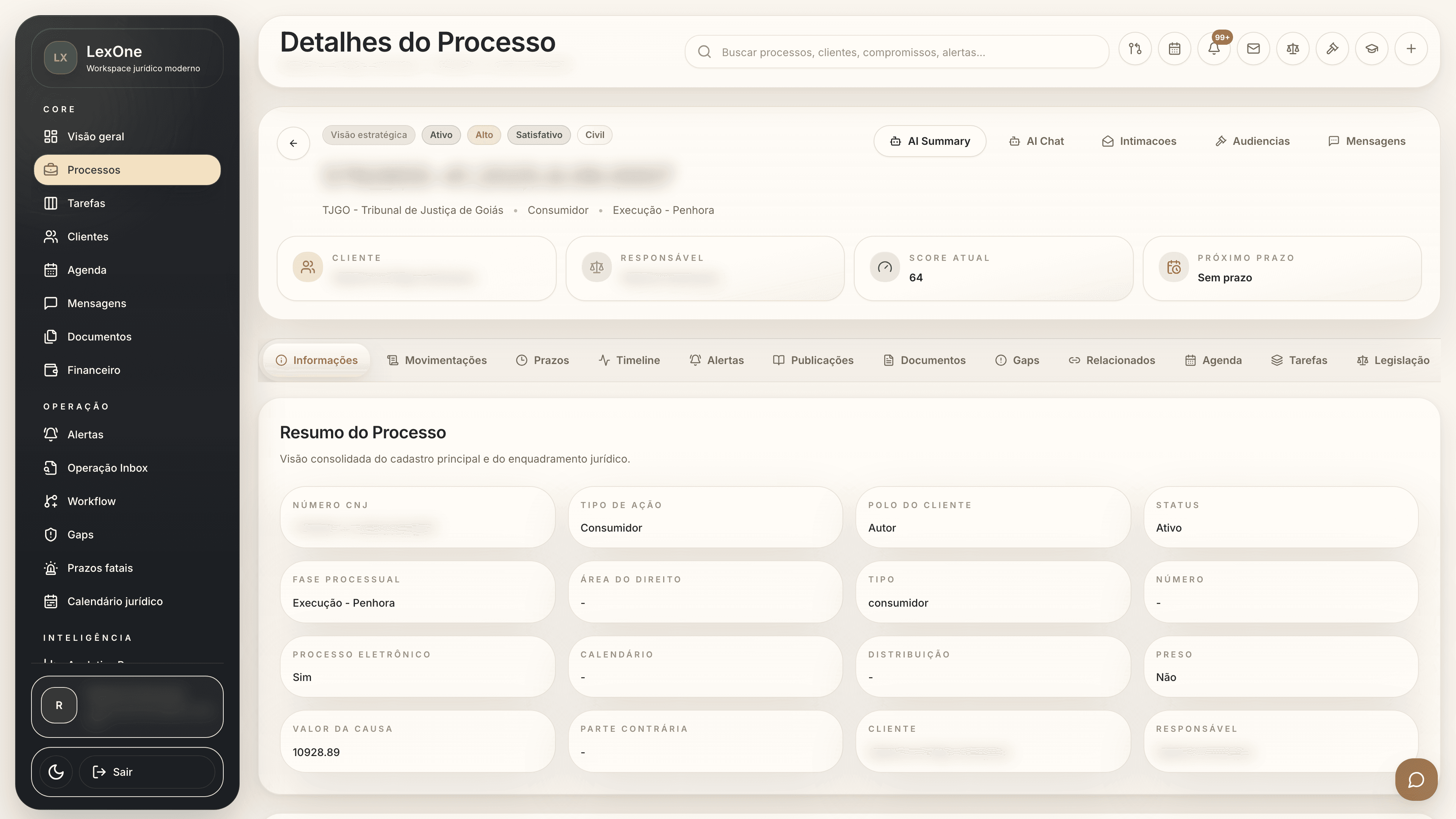 Detalhe do processo com informações completas