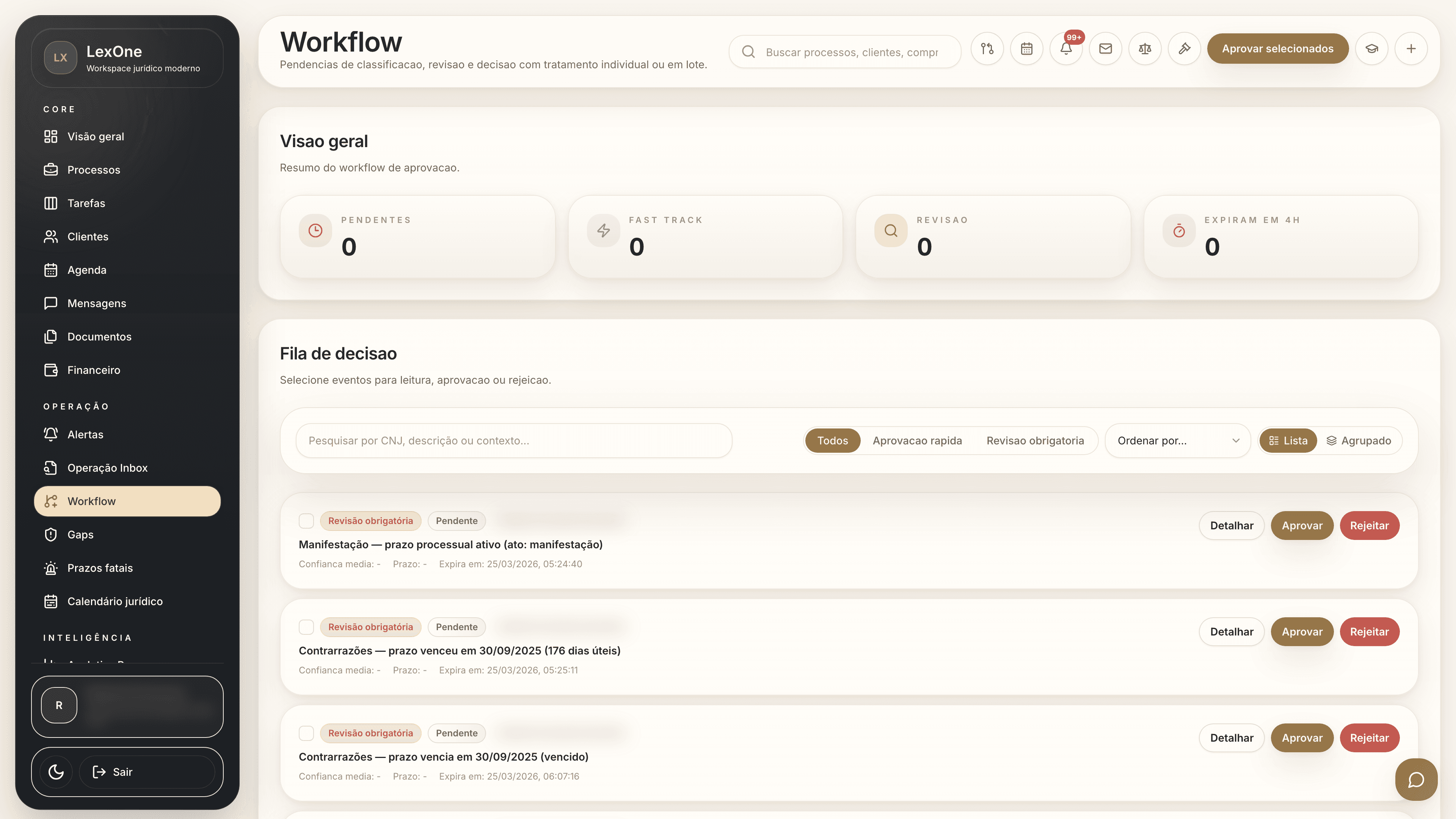 Workflow jurídico com fila de entregas e revisão